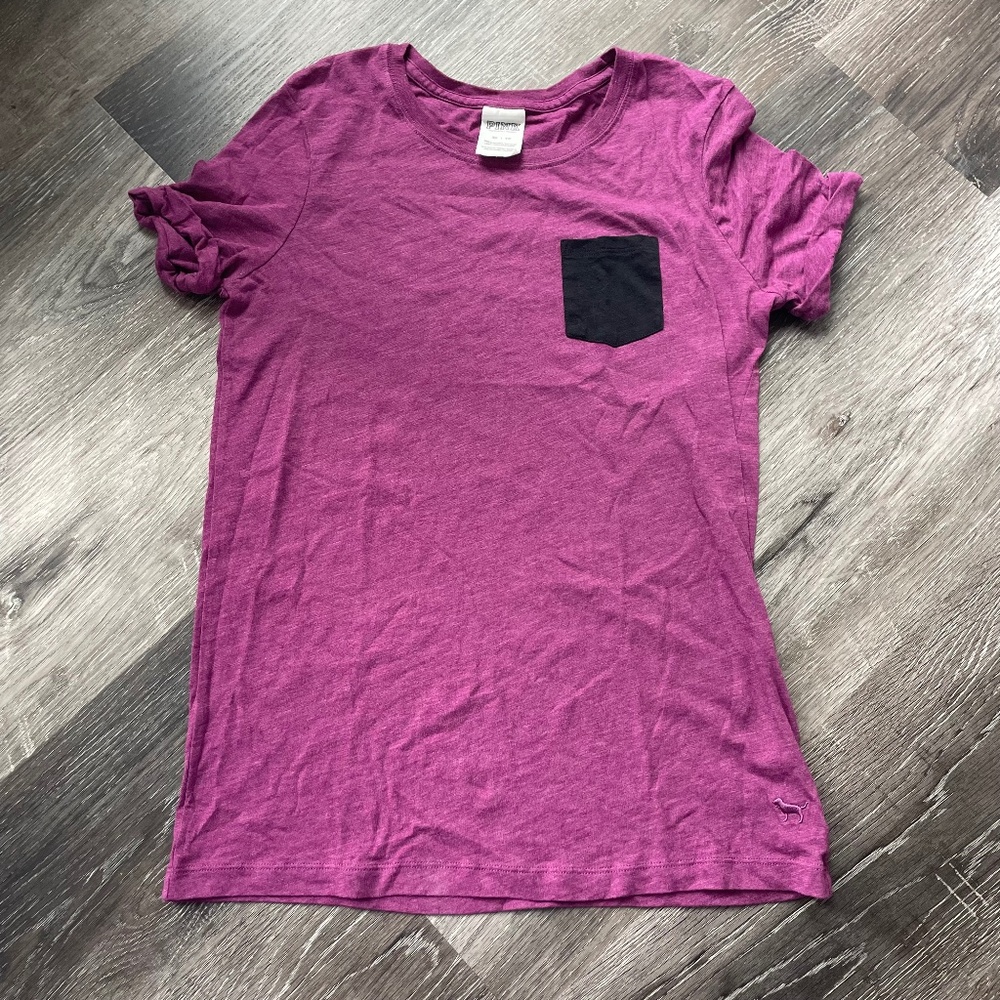 Pink Victoria Secret Crew Neck Tee Dark Pinkish w/Black Pocket, Size XS